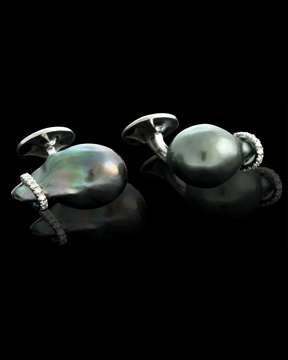 18k White Gold and Diamond Baroque Pearl Cufflinks