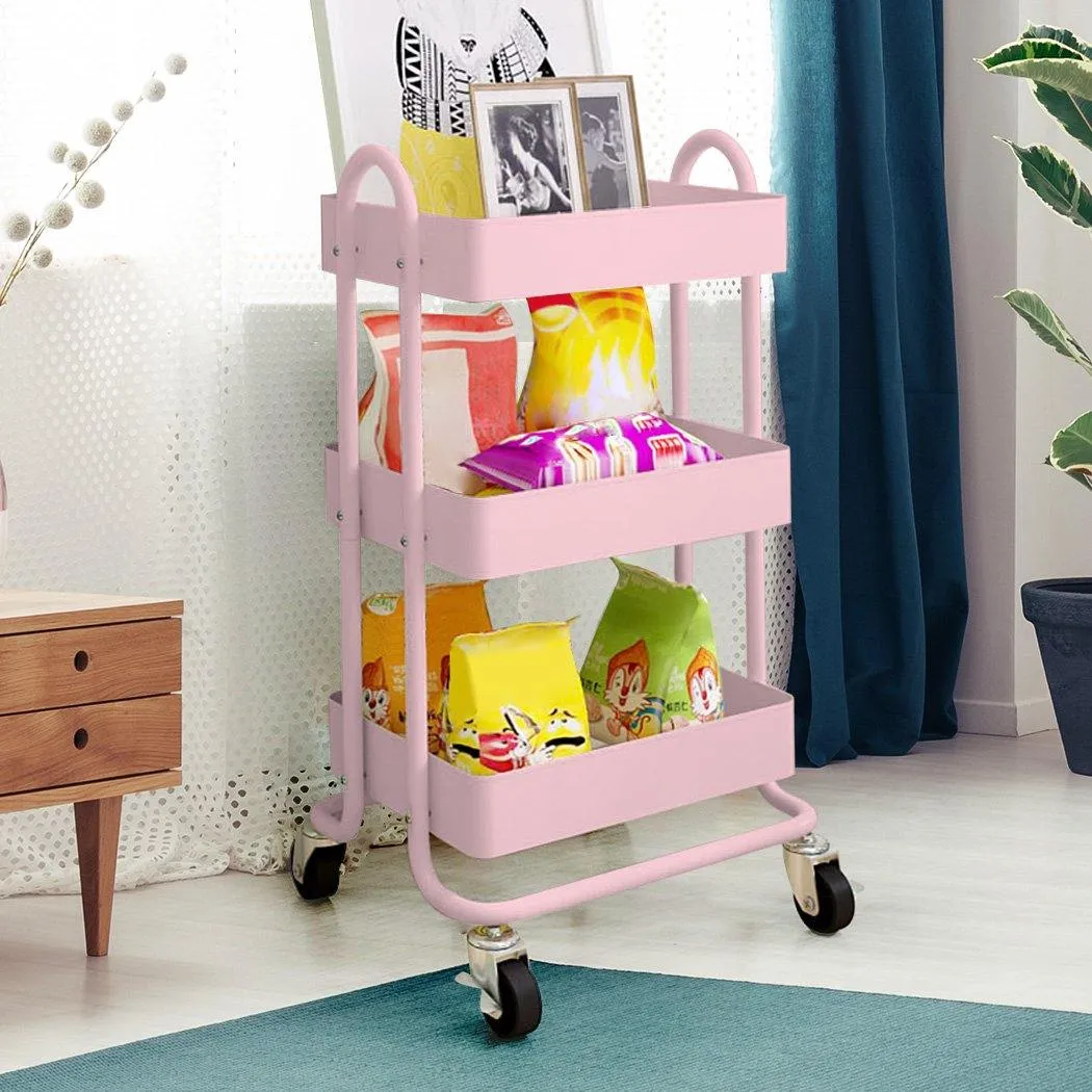 3 Tier Cart Steel Storage Rack Shelf Organiser Wheels Pink