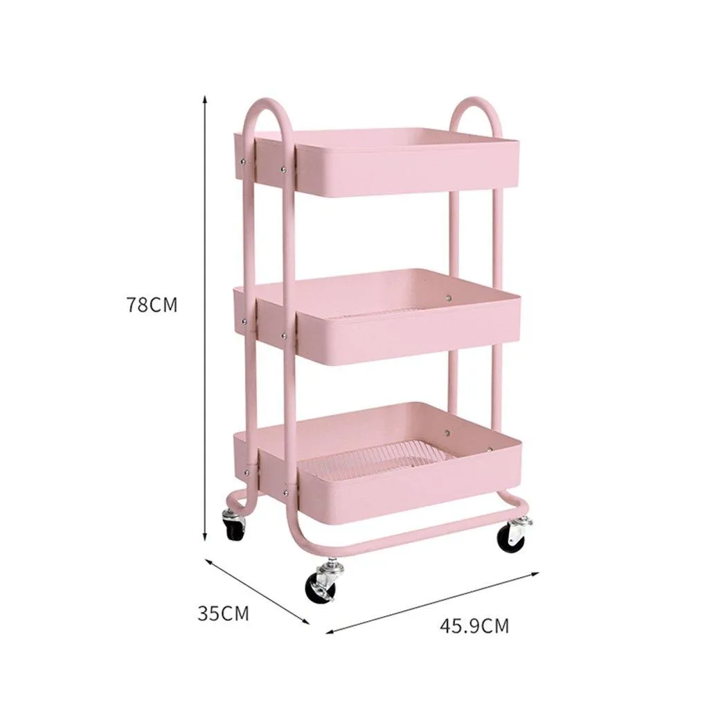 3 Tier Cart Steel Storage Rack Shelf Organiser Wheels Pink
