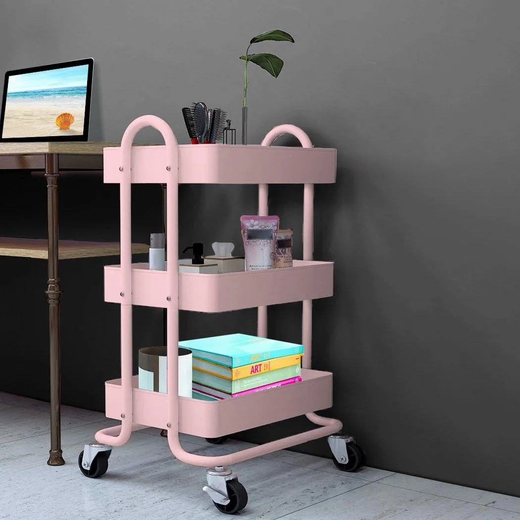 3 Tier Cart Steel Storage Rack Shelf Organiser Wheels Pink
