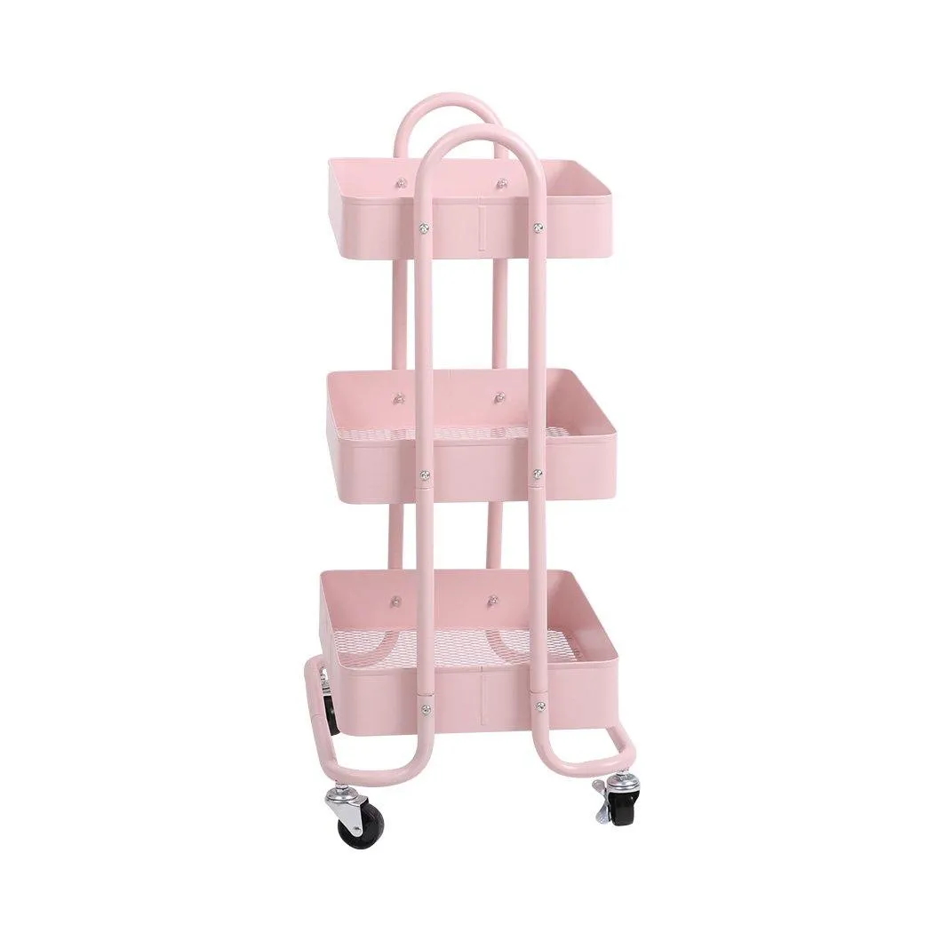3 Tier Cart Steel Storage Rack Shelf Organiser Wheels Pink