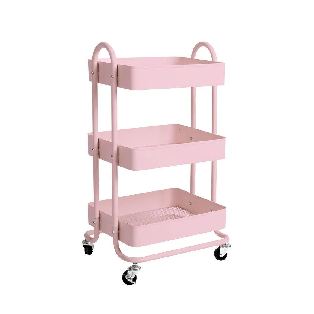 3 Tier Cart Steel Storage Rack Shelf Organiser Wheels Pink