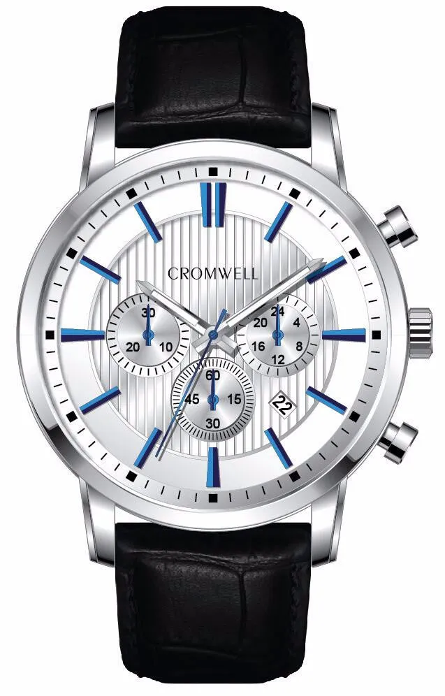 44mm "Belmont" - Silver Case Chronograph with White Face, Blue Digits