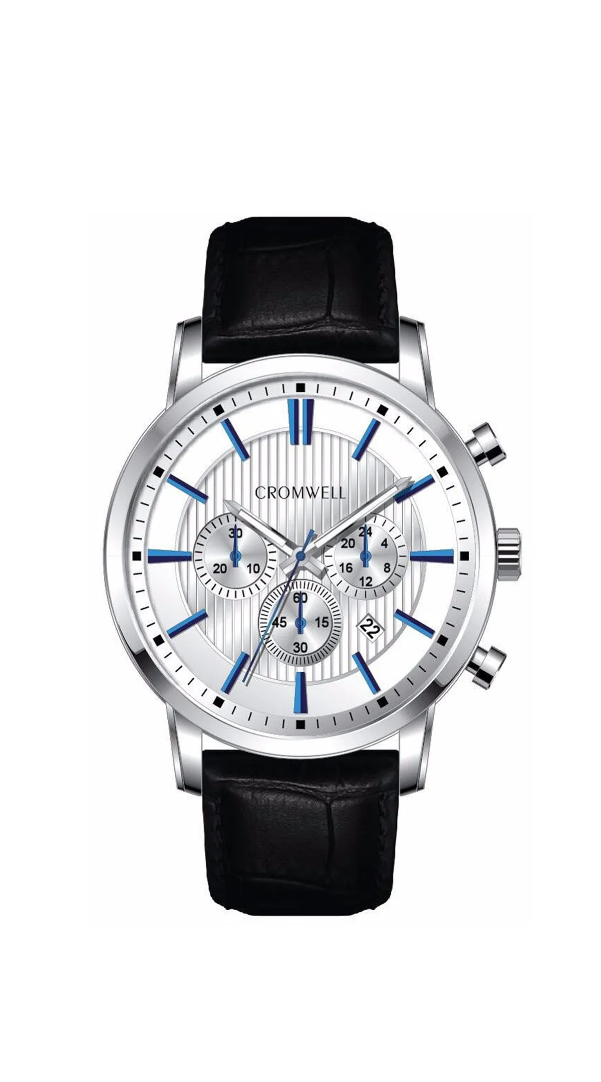 44mm "Belmont" - Silver Case Chronograph with White Face, Blue Digits