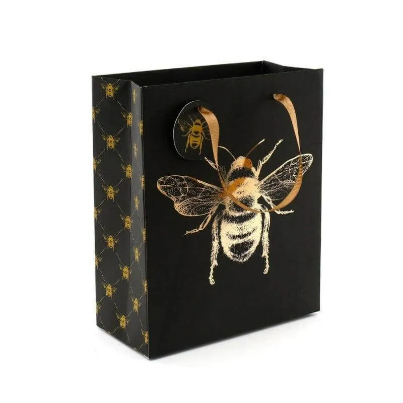 Bee Design Gift Bag with Gold Ribbon Handles & Gift Tag