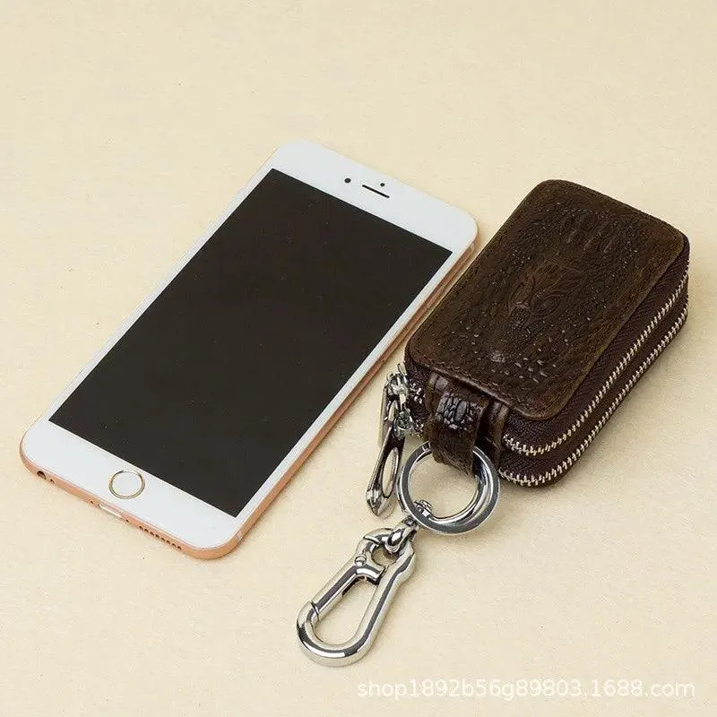 Elegant Dual Zip Leather Key Organizer: Premium Case with Remote Protection