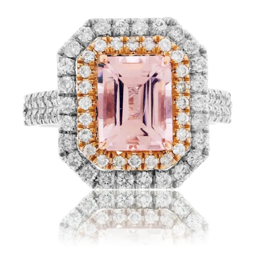 Emerald Cut Morganite & Diamond Double Halo Ring