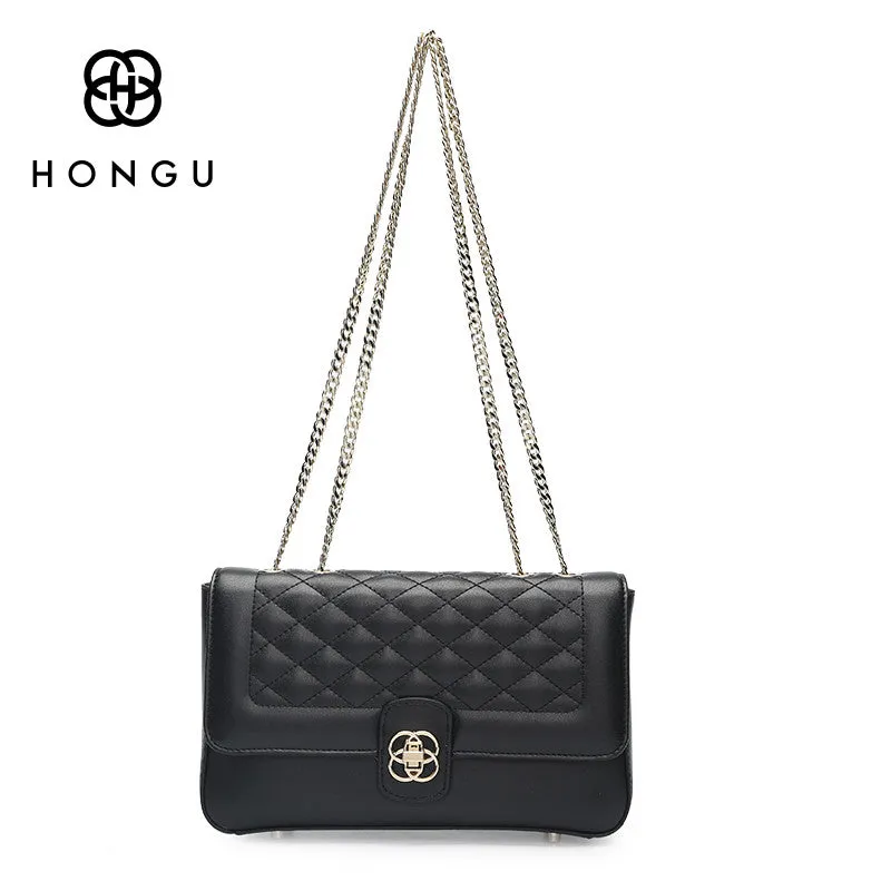 HONGU Women Shoulder Bag Genuine Cow Leather Female Messenger Crossbody Bags Fashion Diamond Lattice Chain Flap Hand Bag bolsos