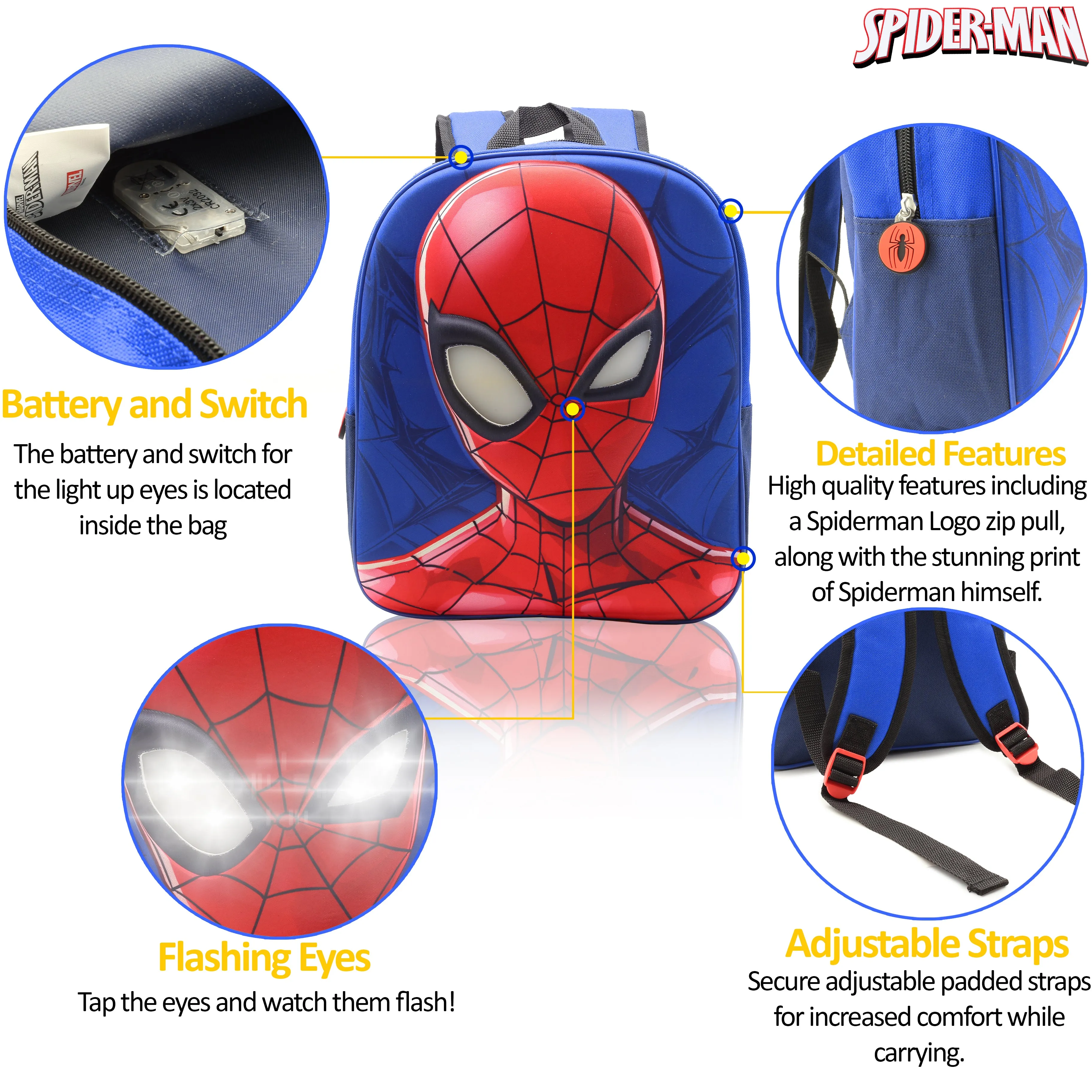 Marvel Spiderman Backpack with Light Up Eyes for Boys and Toddlers