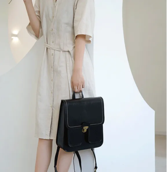 Vintage Brown School Leather Backback For Women