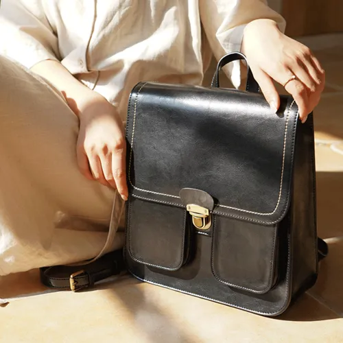 Vintage Brown School Leather Backback For Women