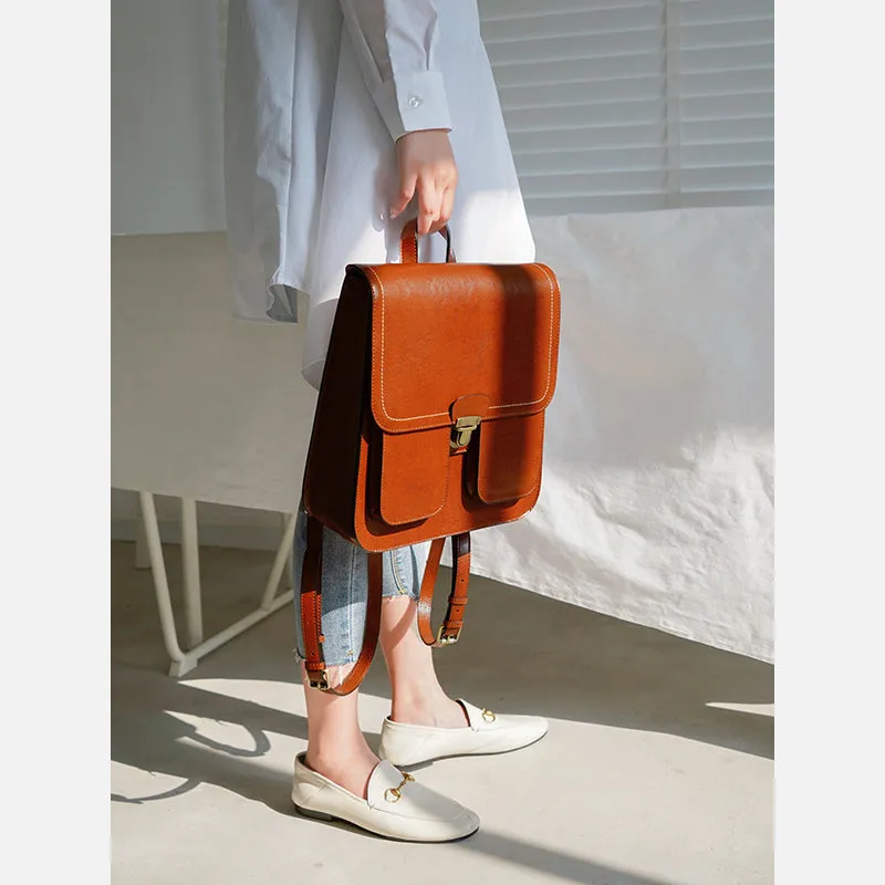 Vintage Brown School Leather Backback For Women