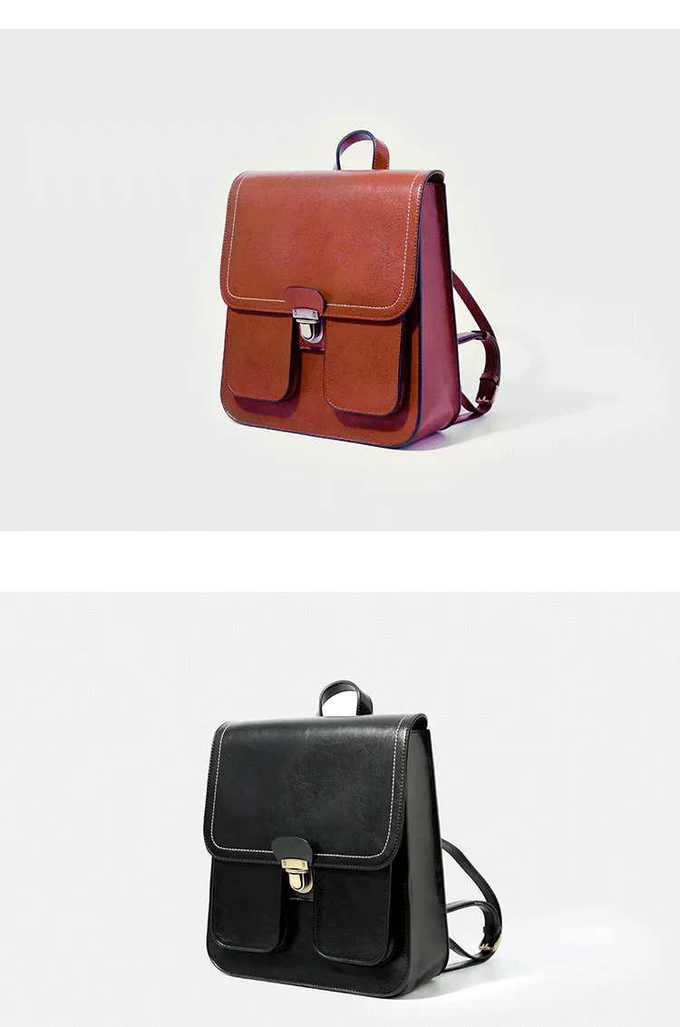 Vintage Brown School Leather Backback For Women