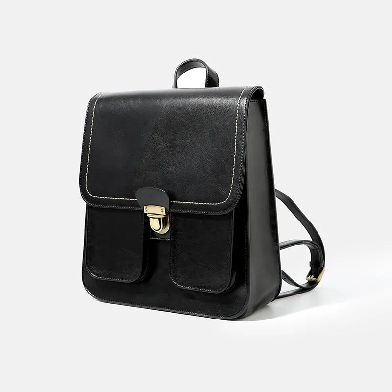 Vintage Brown School Leather Backback For Women