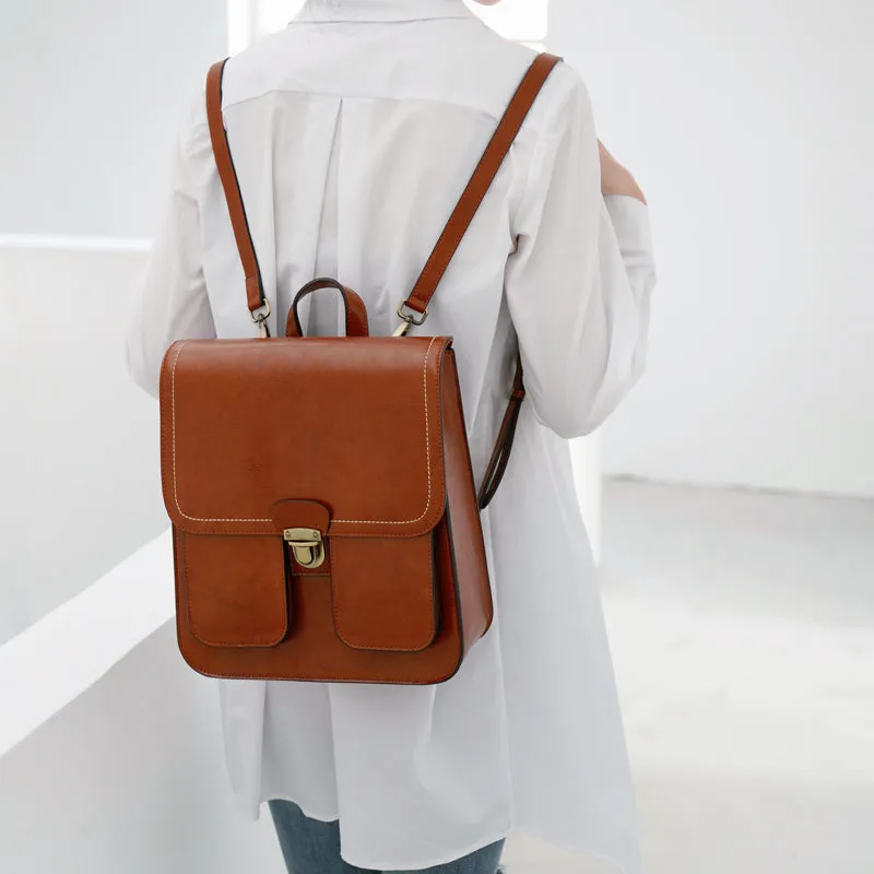 Vintage Brown School Leather Backback For Women
