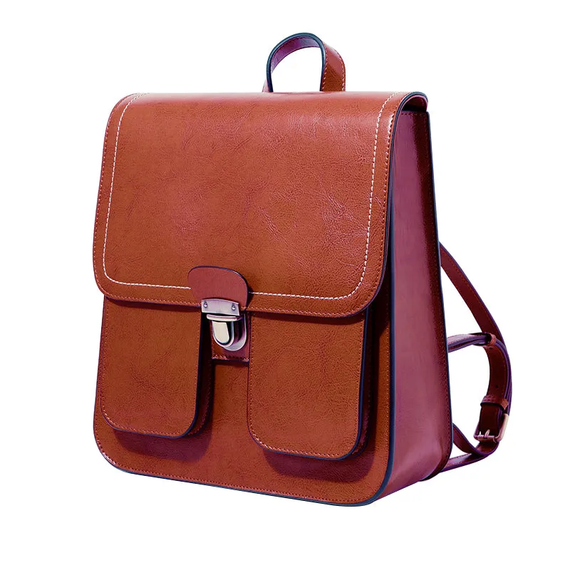 Vintage Brown School Leather Backback For Women