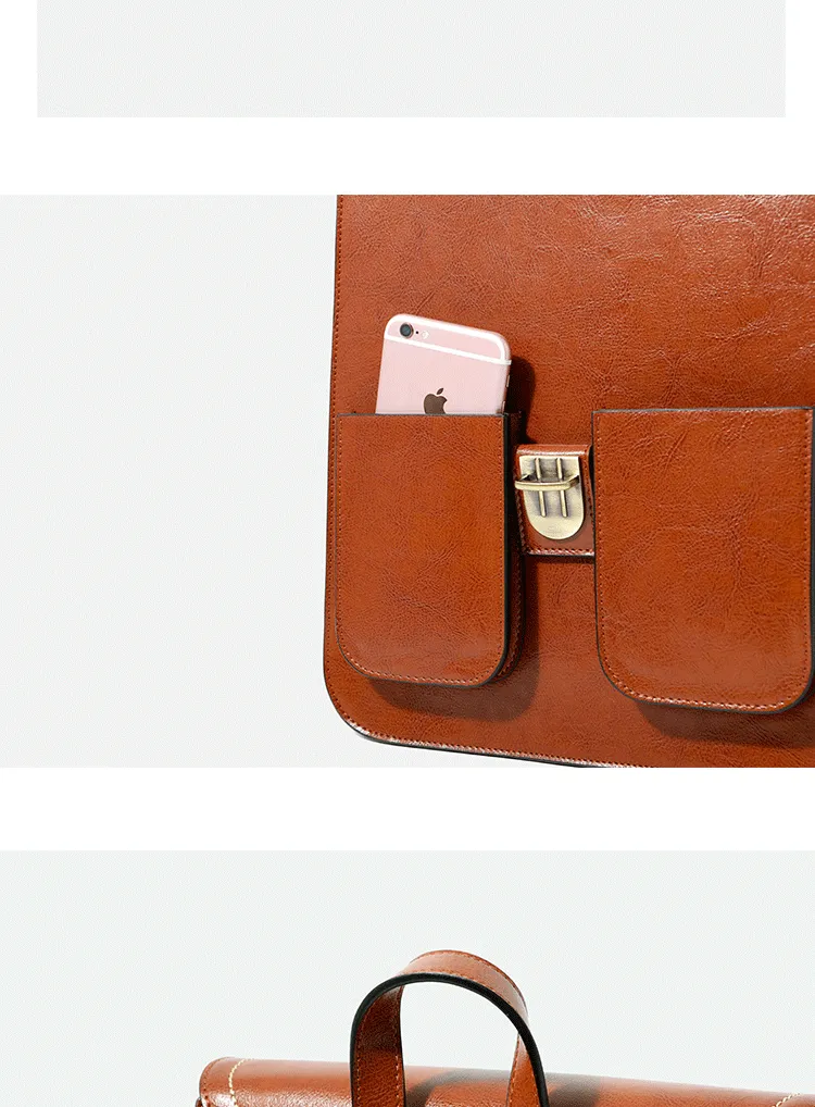 Vintage Brown School Leather Backback For Women